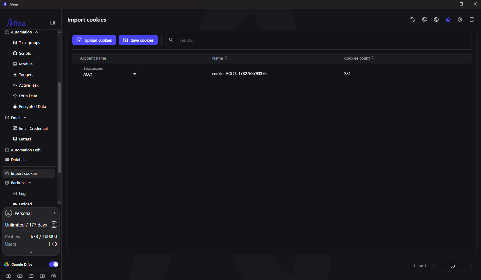 Cookie import and management controls in Afina