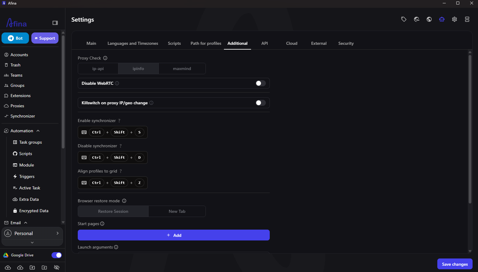 Additional network controls in Afina setting